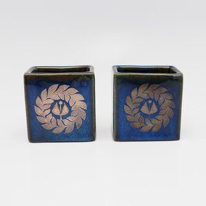 2 modernist blue vases silver flower Lagun by Sven Jonson Gustavsberg Sweden